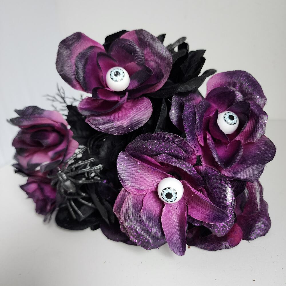3 Halloween Black Purple Rose Spider Eye Faux Flowers